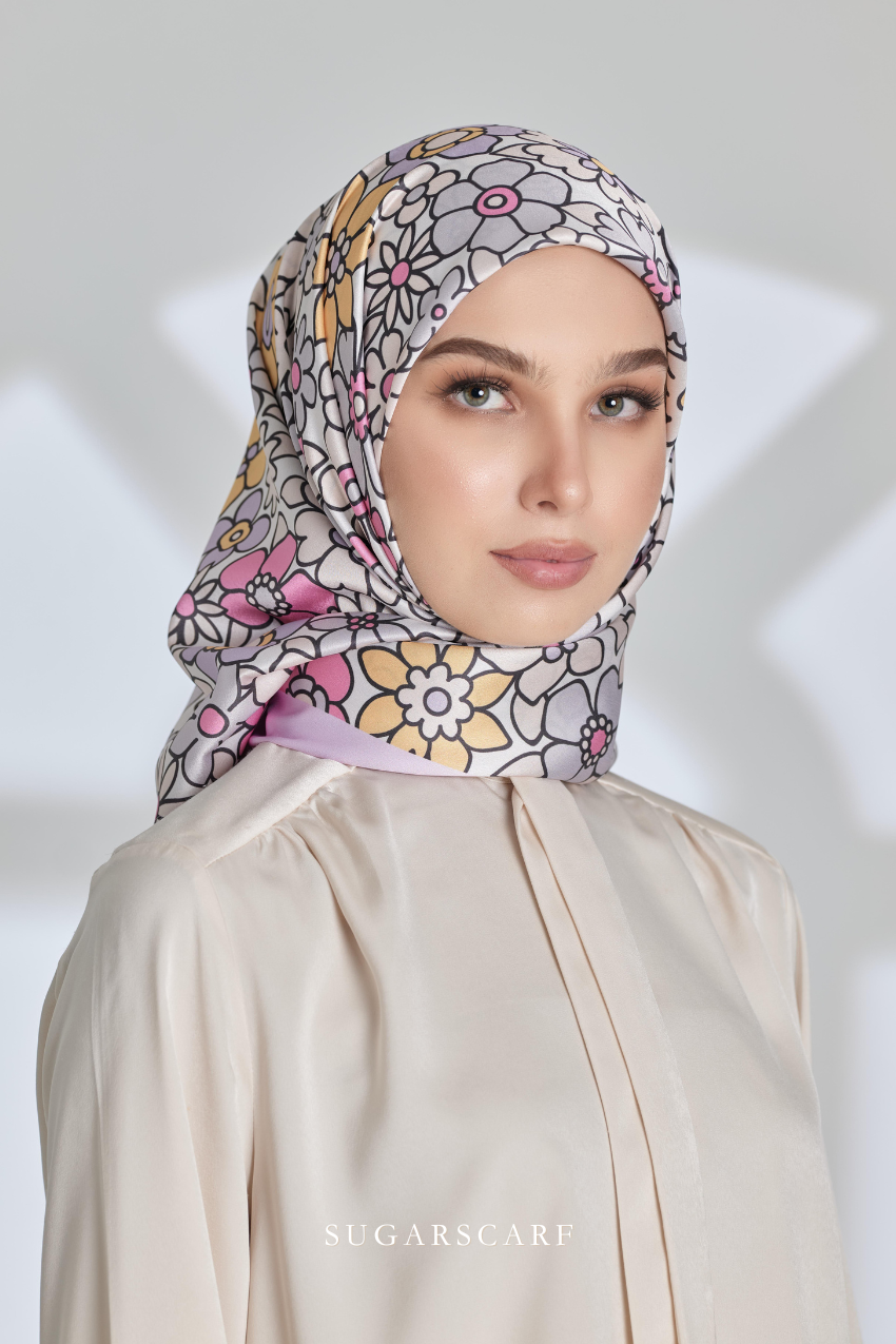 ( Square ) Eid Flower Power Mixed Satin Silk Scarf ( HANDBAGS )