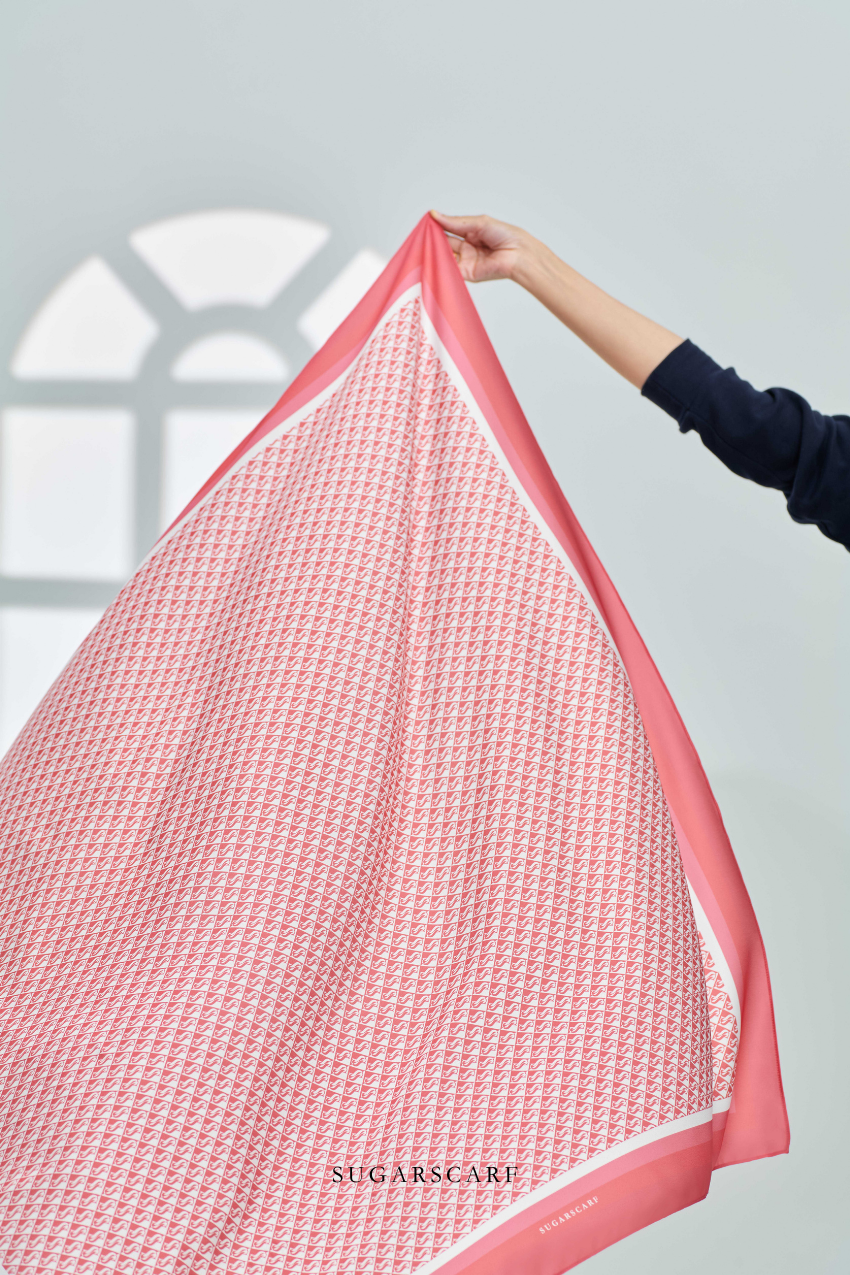 ( Square ) Classy Monogram Mixed Satin Silk Scarf ( Dark Orange )