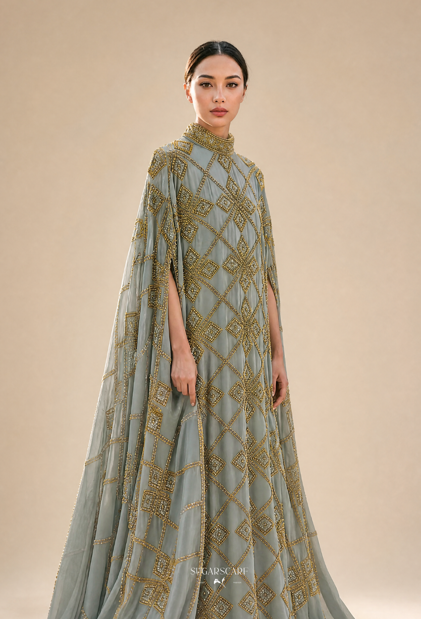 Cleopatra Crystal Beads Drape In Dusty Green-Blue