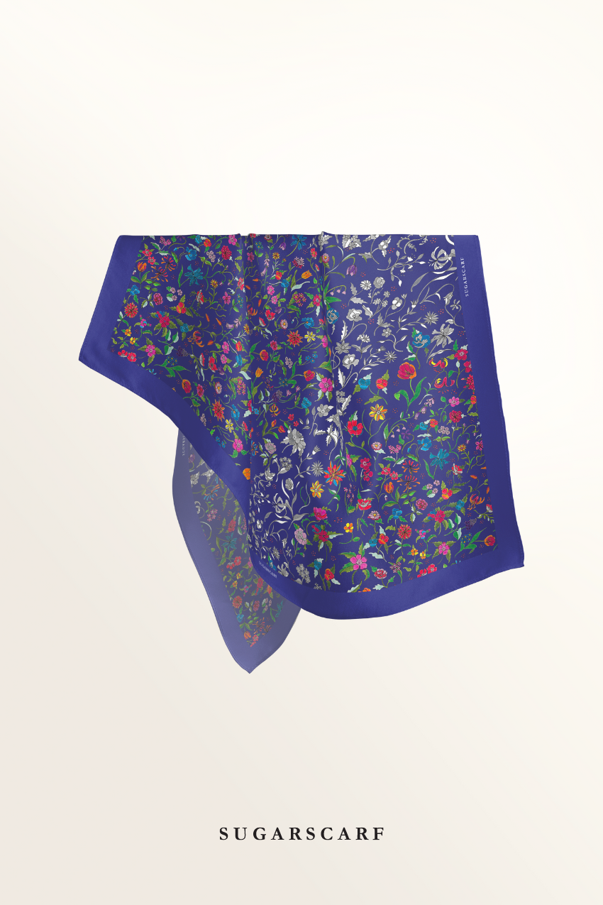 YES Defect ( Japanese Voile Square Scarf 46inch ) Enchanted Garden ( Electric Blue)