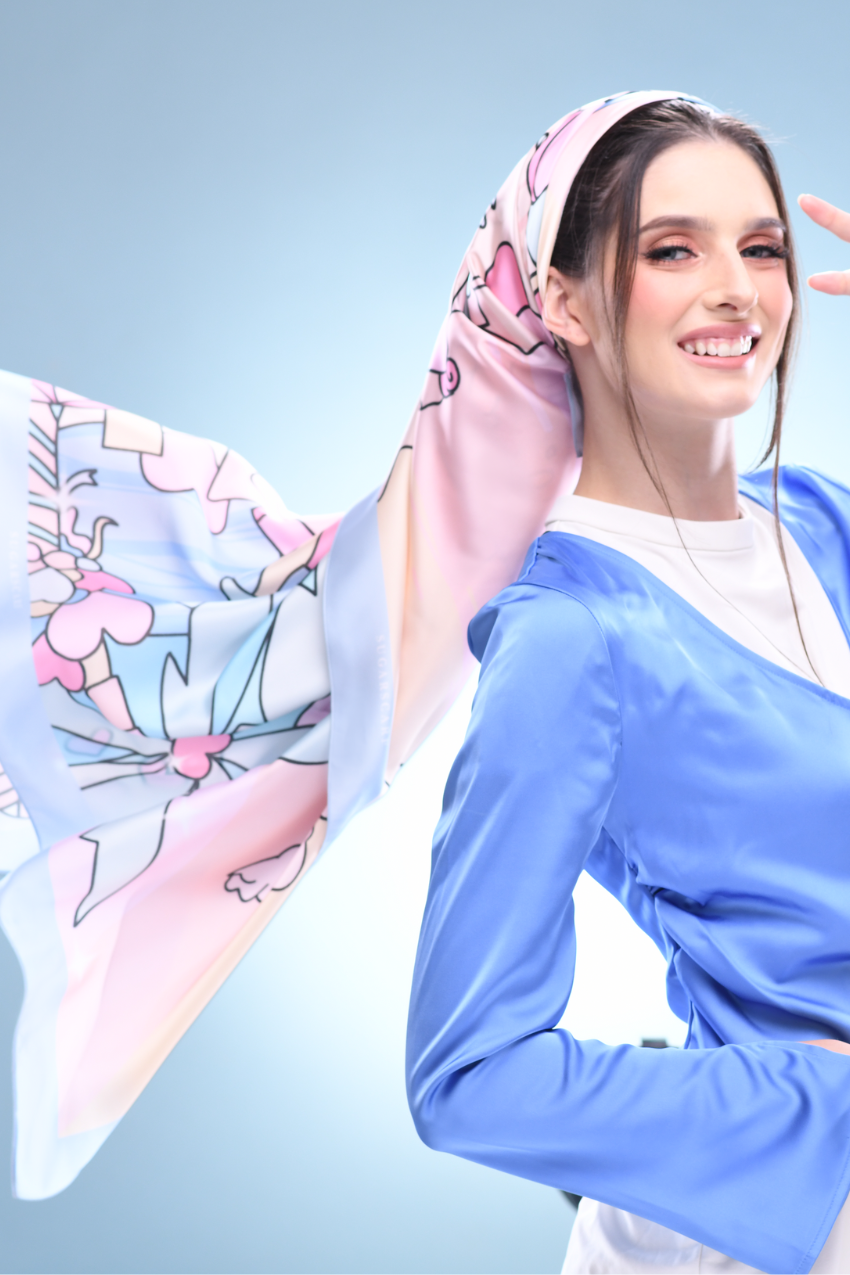 YES DEFECT - ( Satin Square ) LE ThePinkHoliday Satin Silky Matte Scarf ( Blue Sand )