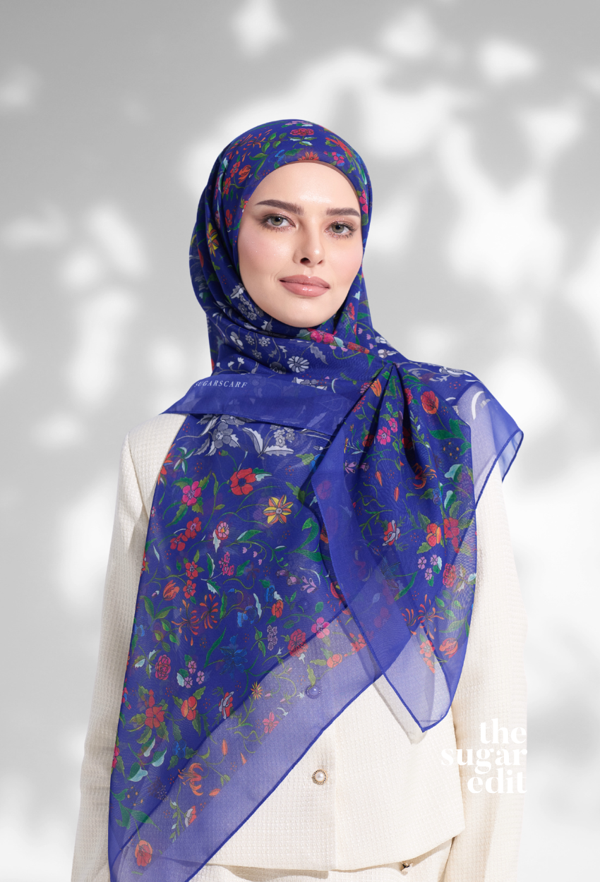 As Is ( Japanese Voile Square Scarf 46inch ) Enchanted Garden ( Electric Blue)