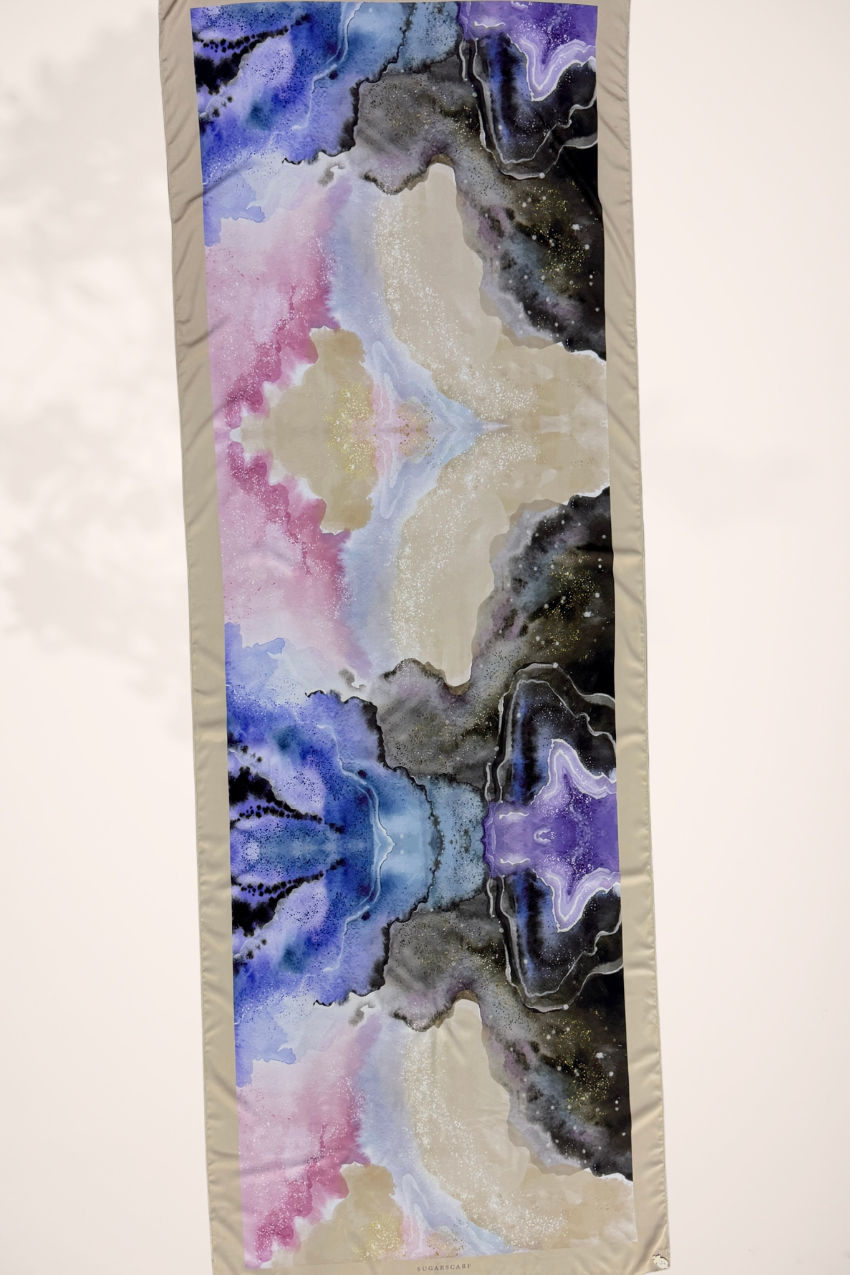 YES DEFECT - ( Shawl ) Celeste Matte Satin Silk In Purple Galaxy