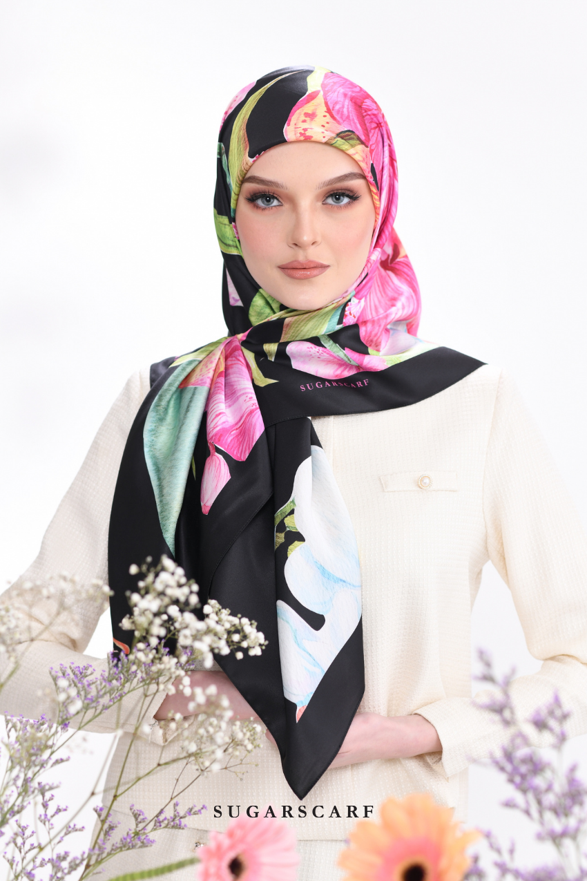 YES ( Square ) Seri Fiora Mixed Satin Silk Scarf ( SERI MALAM )
