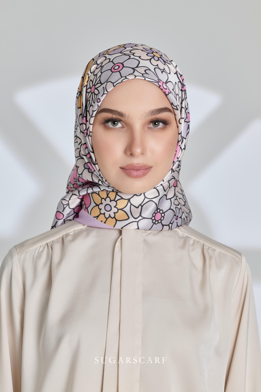 ( Square ) Eid Flower Power Mixed Satin Silk Scarf ( HANDBAGS )