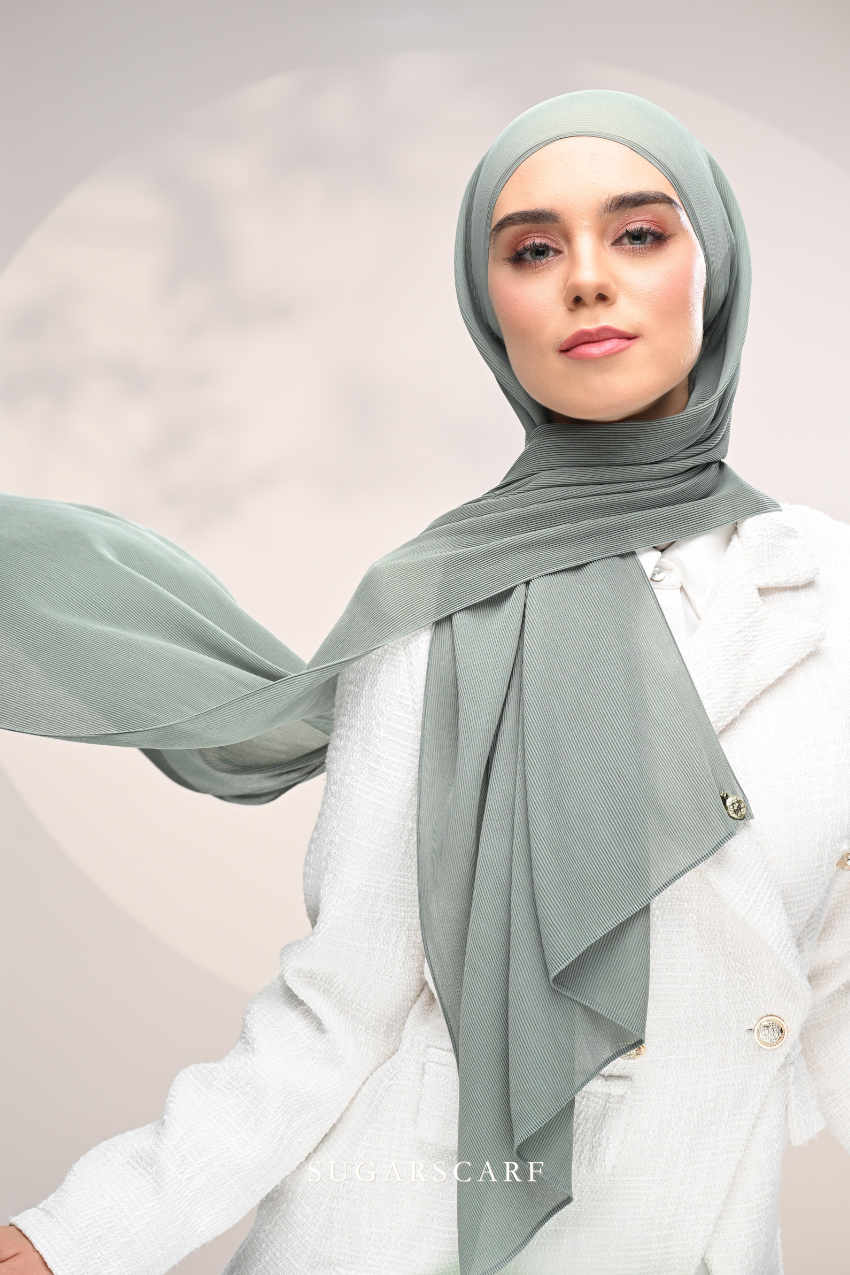 ( Full Wide Pleats Shawl ) Elegant Folds Everyday Ironless Pleats Shawl ( Moss )