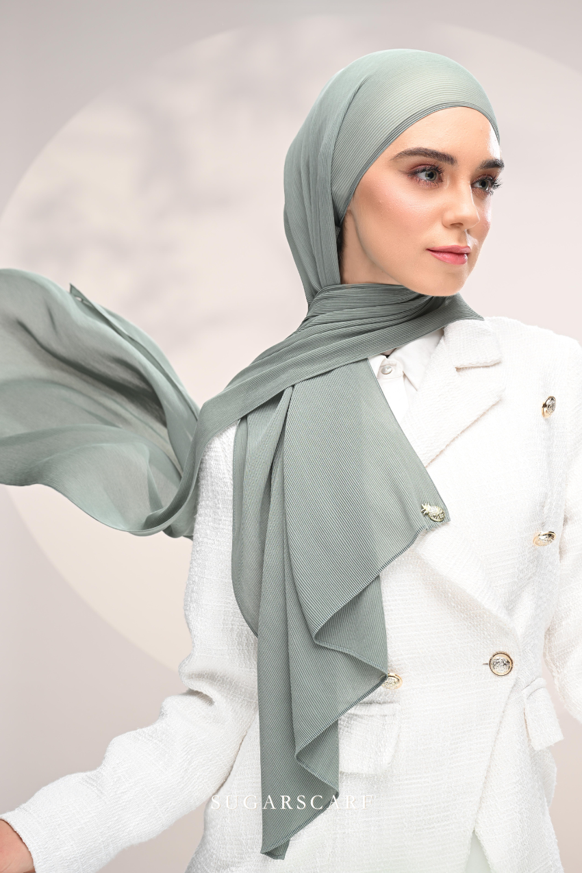 ( Full Wide Pleats Shawl ) Elegant Folds Everyday Ironless Pleats Shawl ( Moss )