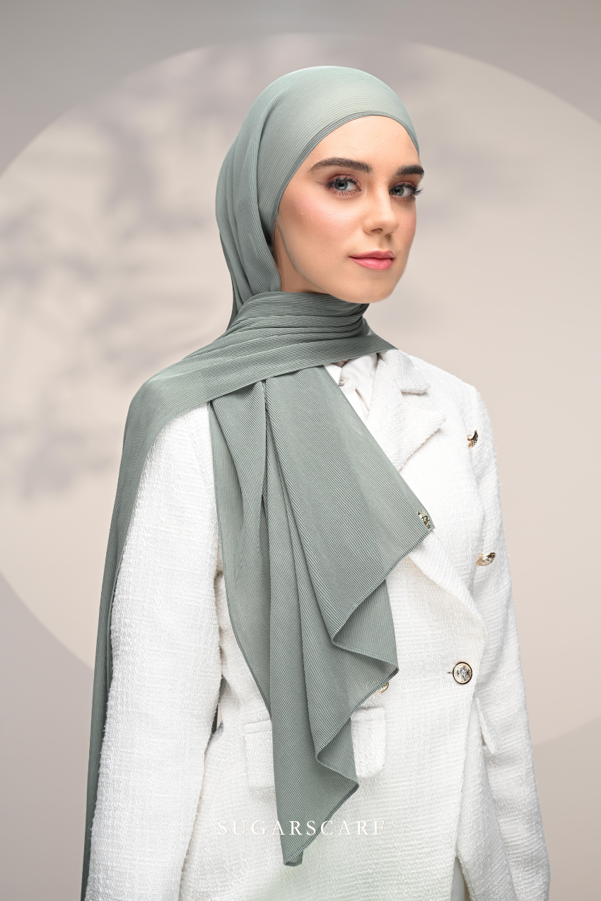 ( Full Wide Pleats Shawl ) Elegant Folds Everyday Ironless Pleats Shawl ( Moss )