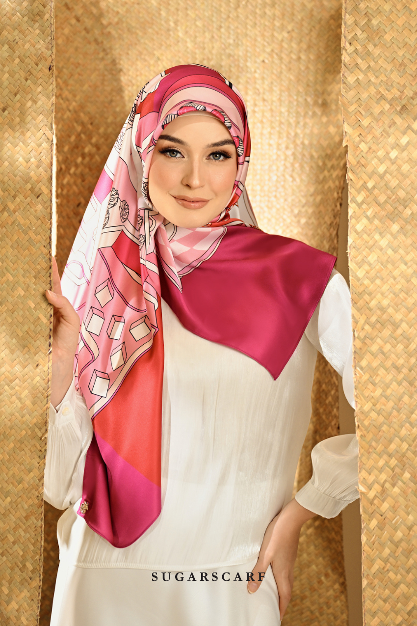 YES DEFECT -  ( Square ) Seri Raya Riang Mixed Satin Silk Scarf ( RED VELVET )