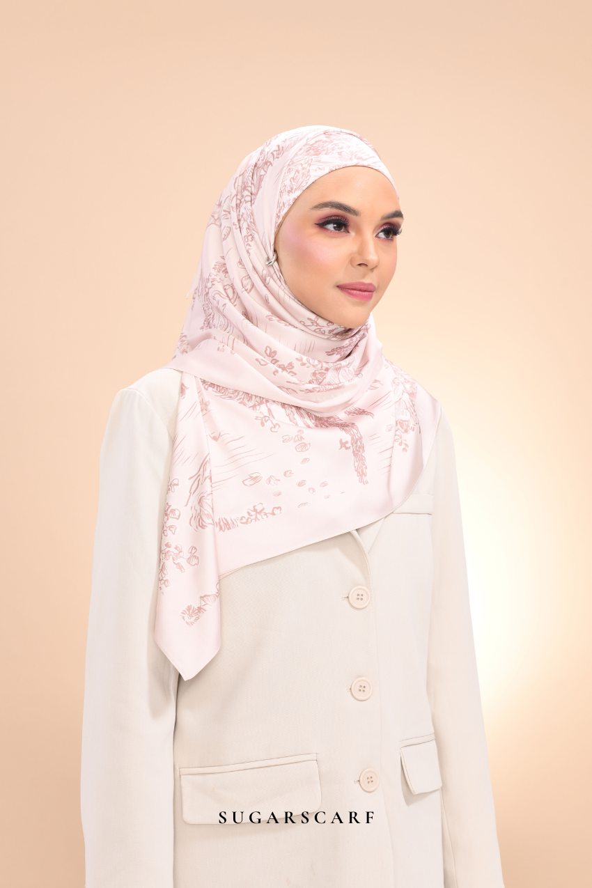 YES ( Square ) Dear Jouy Deer Tales Edition Matte Satin Silk Scarf ( Pink Puff)