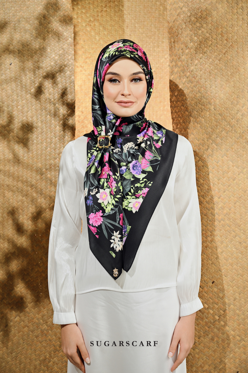 YES ( Square ) Seri Blooming Mixed Satin Silk Scarf ( BUNGA )