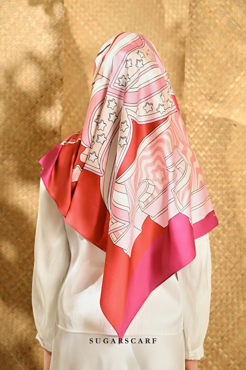 YES DEFECT -  ( Square ) Seri Raya Riang Mixed Satin Silk Scarf ( RED VELVET )