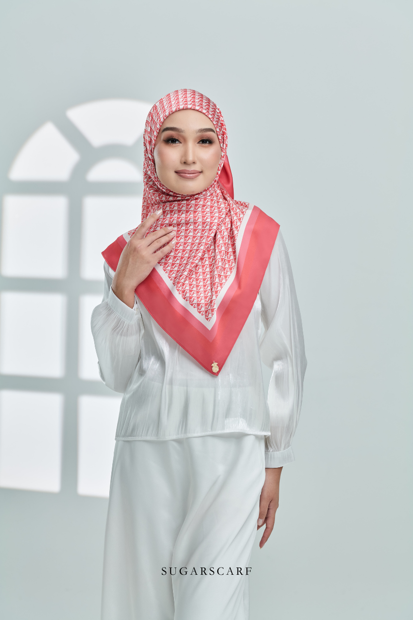 ( Square ) Classy Monogram Mixed Satin Silk Scarf ( Dark Orange )