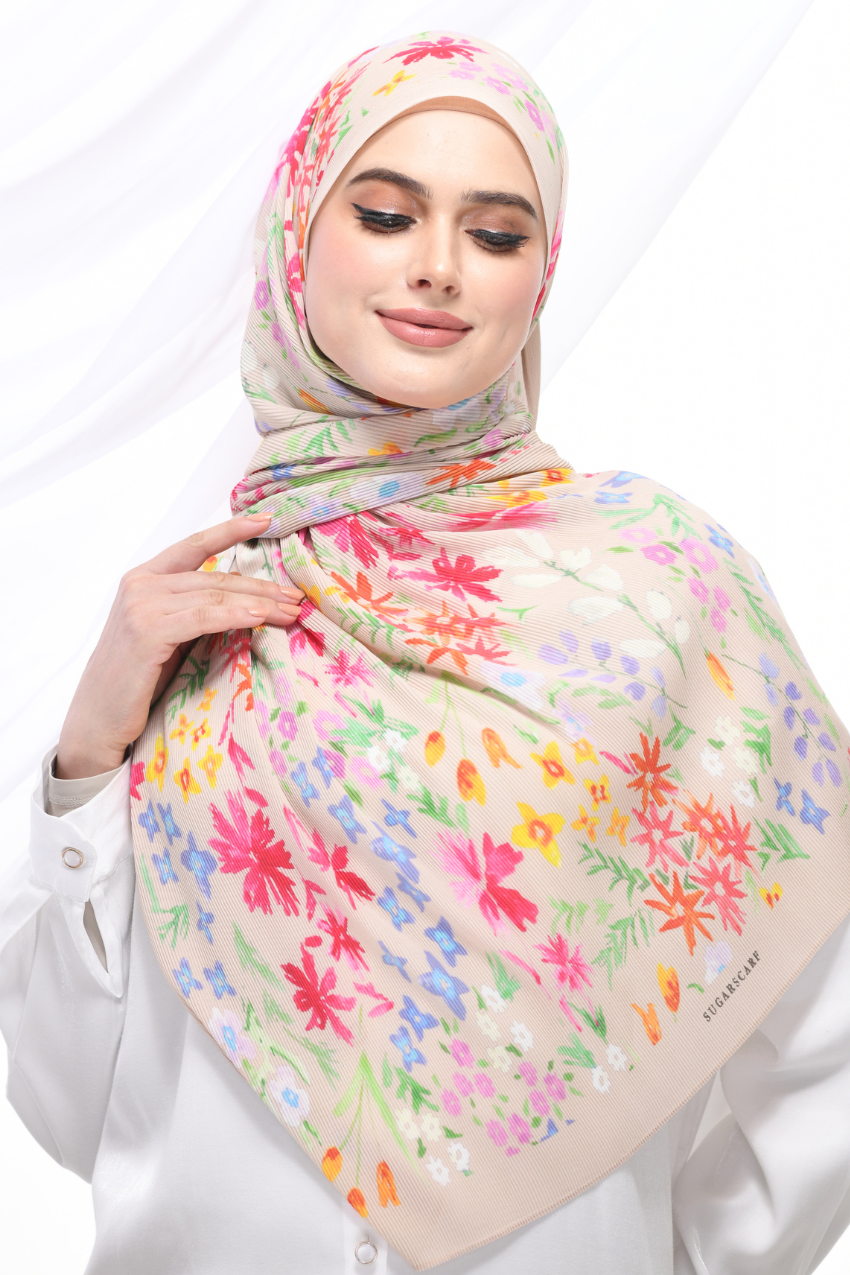 YES DEFECT ( Full Wide Pleats Shawl ) PETITE DITSY FLORAL ( Beige )