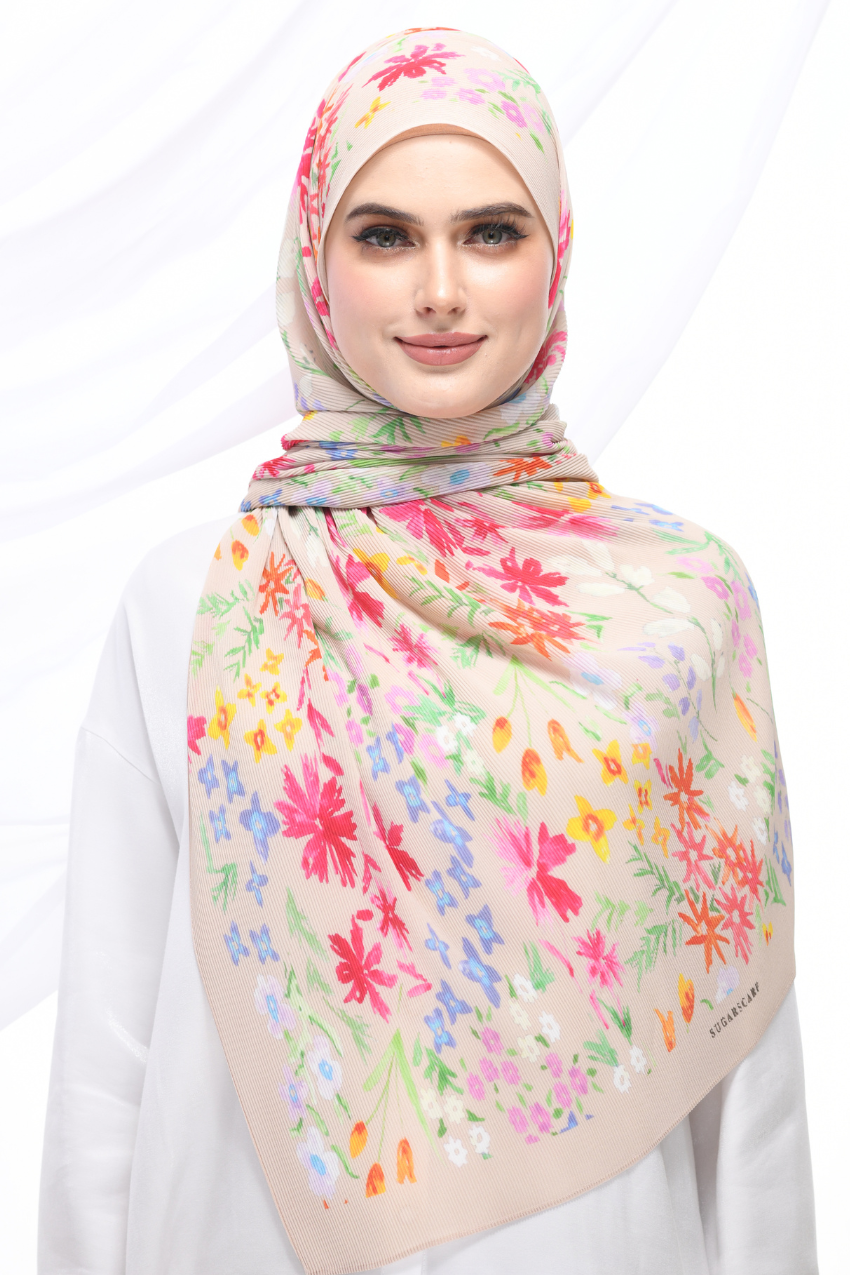 YES DEFECT ( Full Wide Pleats Shawl ) PETITE DITSY FLORAL ( Beige )