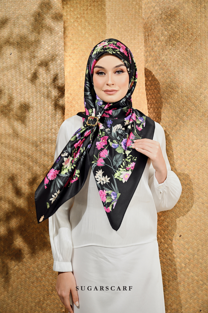 YES ( Square ) Seri Blooming Mixed Satin Silk Scarf ( BUNGA )