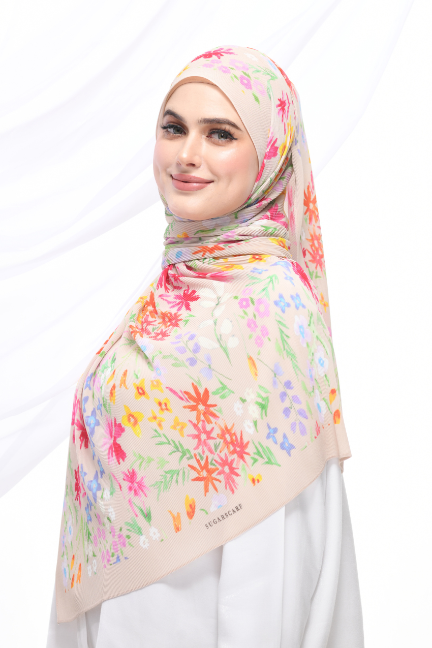 YES DEFECT ( Full Wide Pleats Shawl ) PETITE DITSY FLORAL ( Beige )