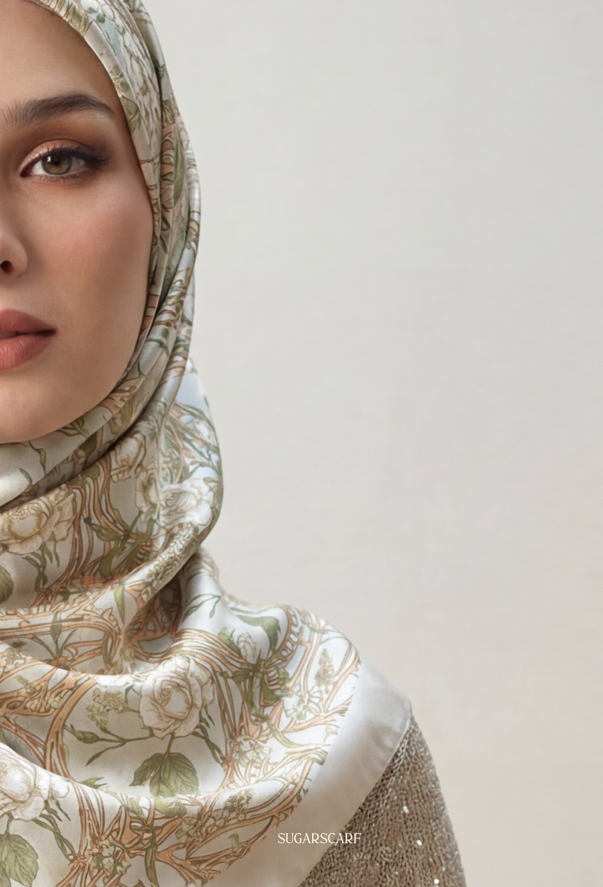 Eid Bloom 2026 Scarves Mixed Satin Square in Elowyn Bloom- Send after 2nd March