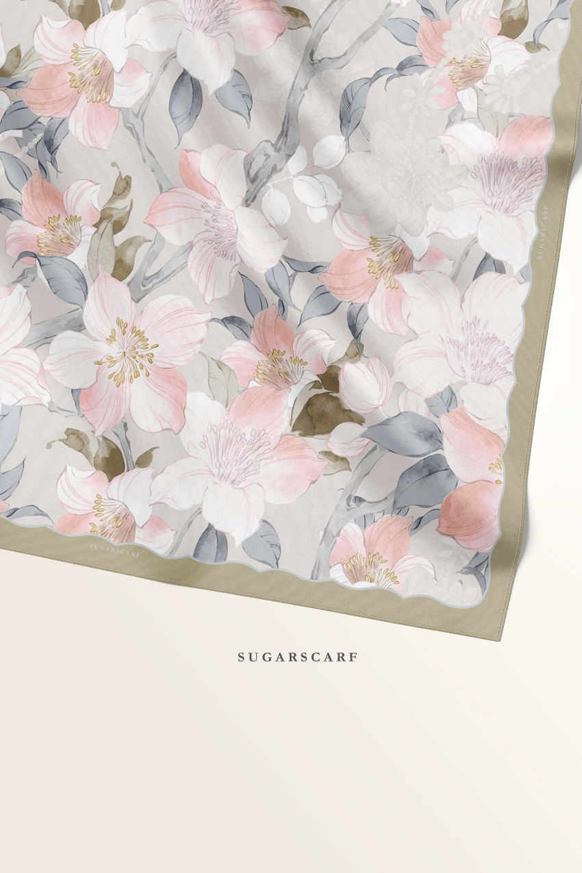 YES DEFECT ( Square ) Bloom in Grace Mixed Satin Silk Square ( Dreamy )