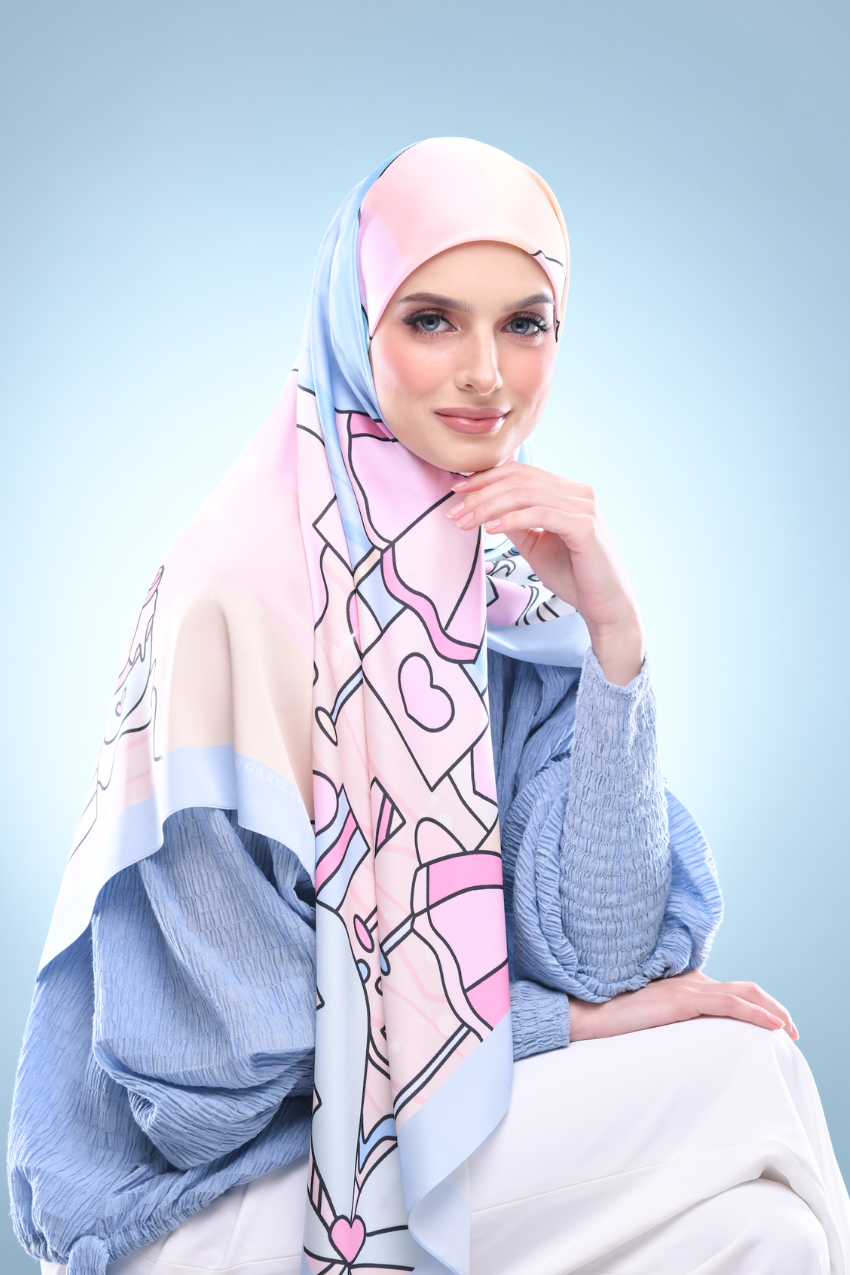 YES DEFECT - ( Satin Square ) LE ThePinkHoliday Satin Silky Matte Scarf ( Blue Sand )