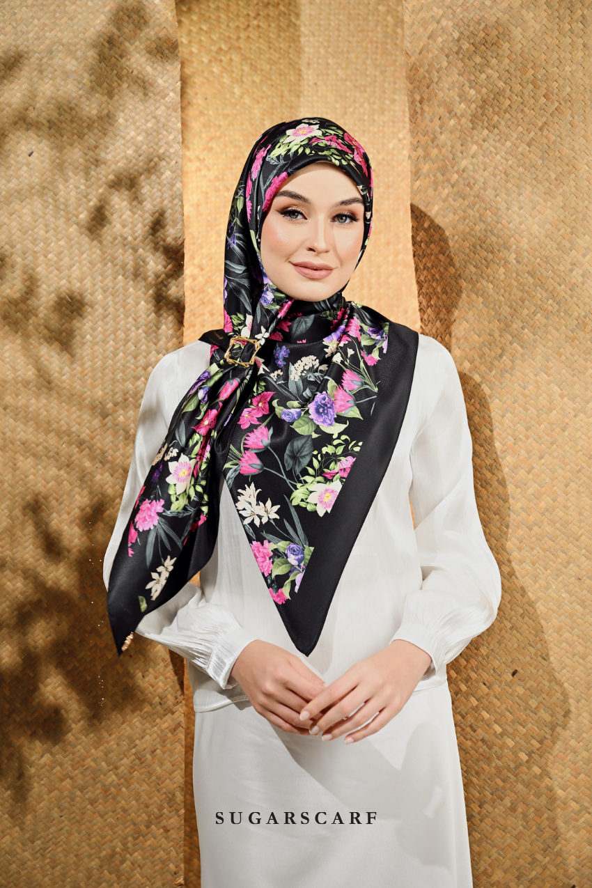YES ( Square ) Seri Blooming Mixed Satin Silk Scarf ( BUNGA )