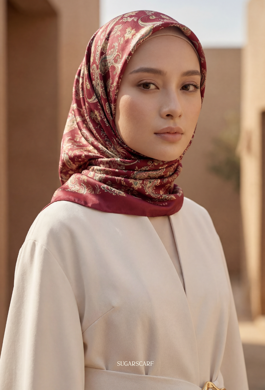 Eid Classy 2026 Scarves Mixed Satin Square in Rouge - Send after 2nd March