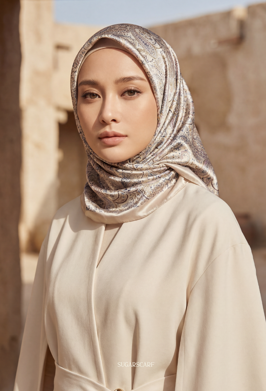 Eid Classy 2026 Scarves Mixed Satin Square in PerlaSilver -Send after 2nd March