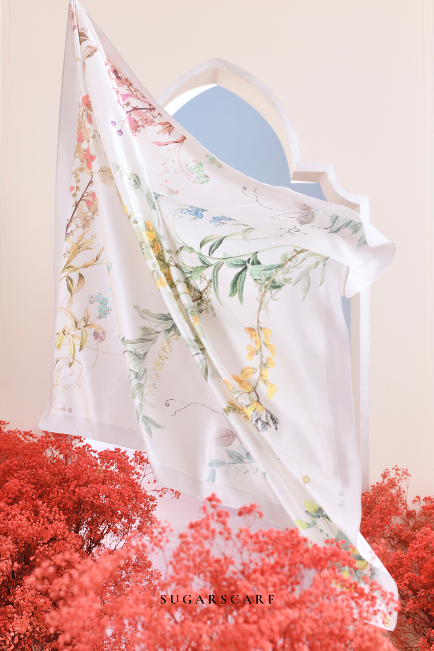YES ( Square ) Garden of Hurrem Bloom Mixed Silk Satin Scarf ( REYHAN )