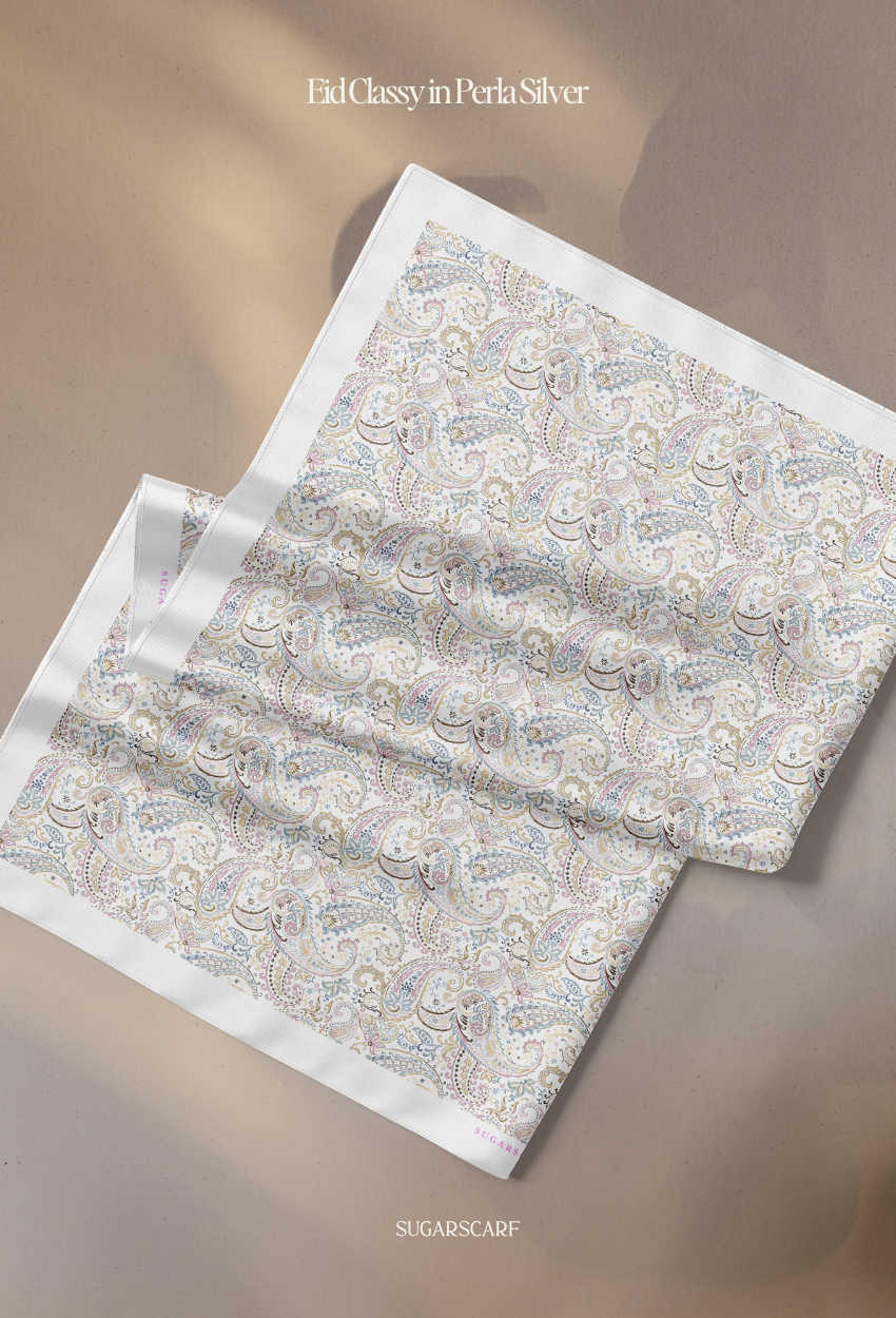 Eid Classy 2026 Scarves Mixed Satin Square in PerlaSilver -Send after 2nd March
