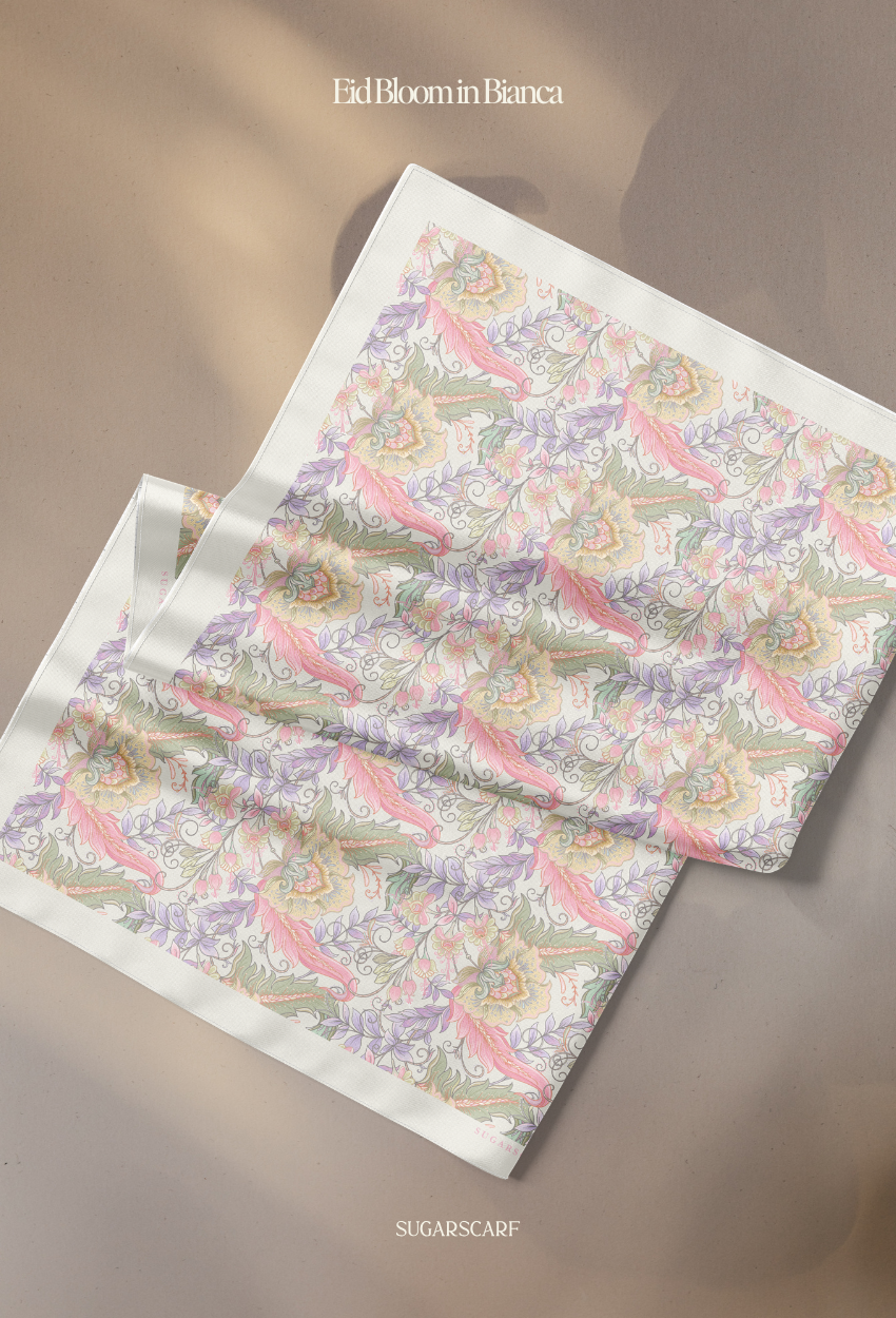 Eid Bloom 2026 Scarves Mixed Satin Square in Bianca