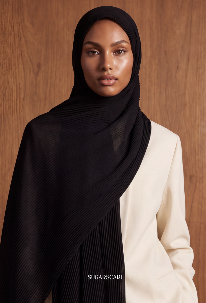( Full Wide Pleats Shawl ) Elegant Folds Everyday - (Mascara-Black)