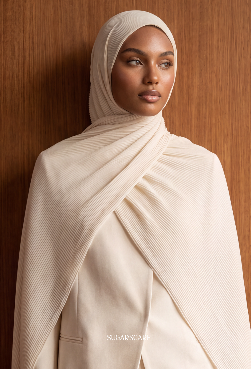 ( Full Wide Pleats Shawl ) Elegant Folds Everyday - (Oyster-CreamyYellow)