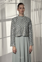 Gizelle 2-Piece Pleated Dress With Crystal Blazer In Sage-Gray