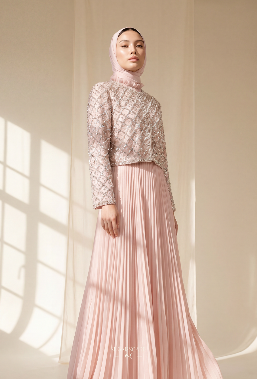 Gizelle 2-Piece Pleated Dress With Crystal Blazer In LightPink