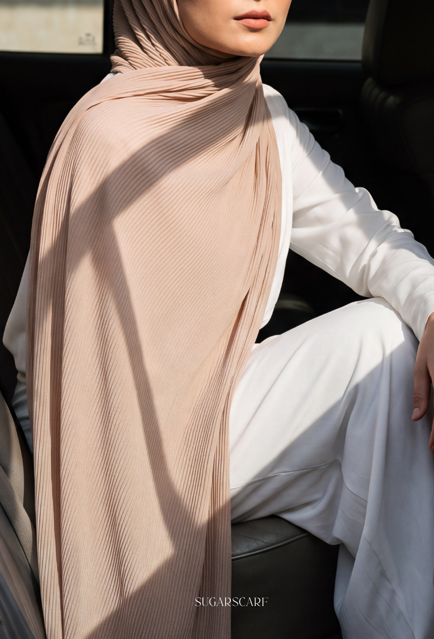 ( Full Wide Pleats Shawl ) Elegant Folds Everyday - (Sand-Beige)