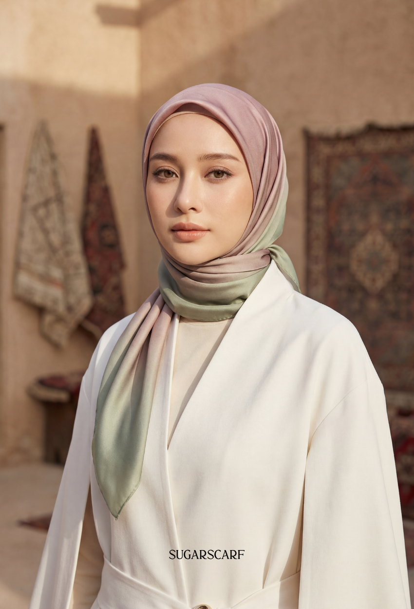 Eid Classy 2026 Scarves Mixed Satin Square in OmbreMatchaStrawberry
