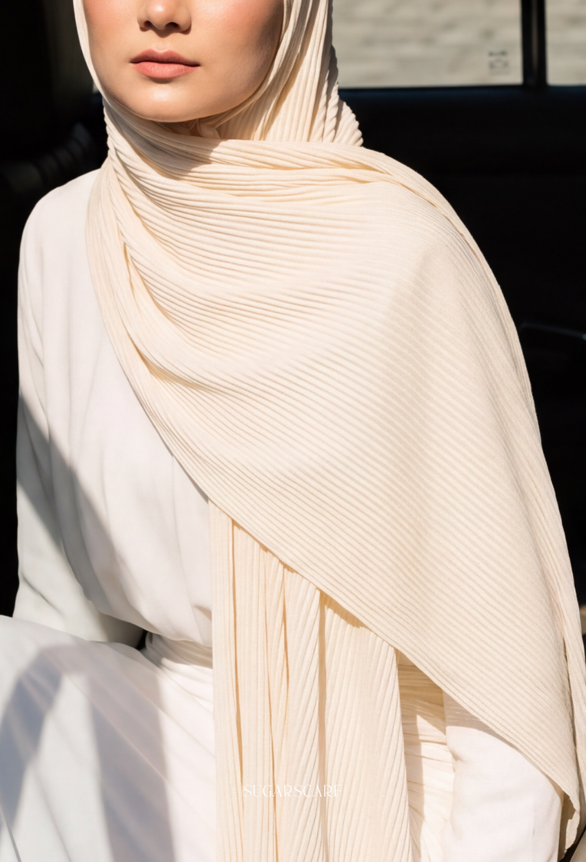 ( Full Wide Pleats Shawl ) Elegant Folds Everyday - (Oyster-CreamyYellow)