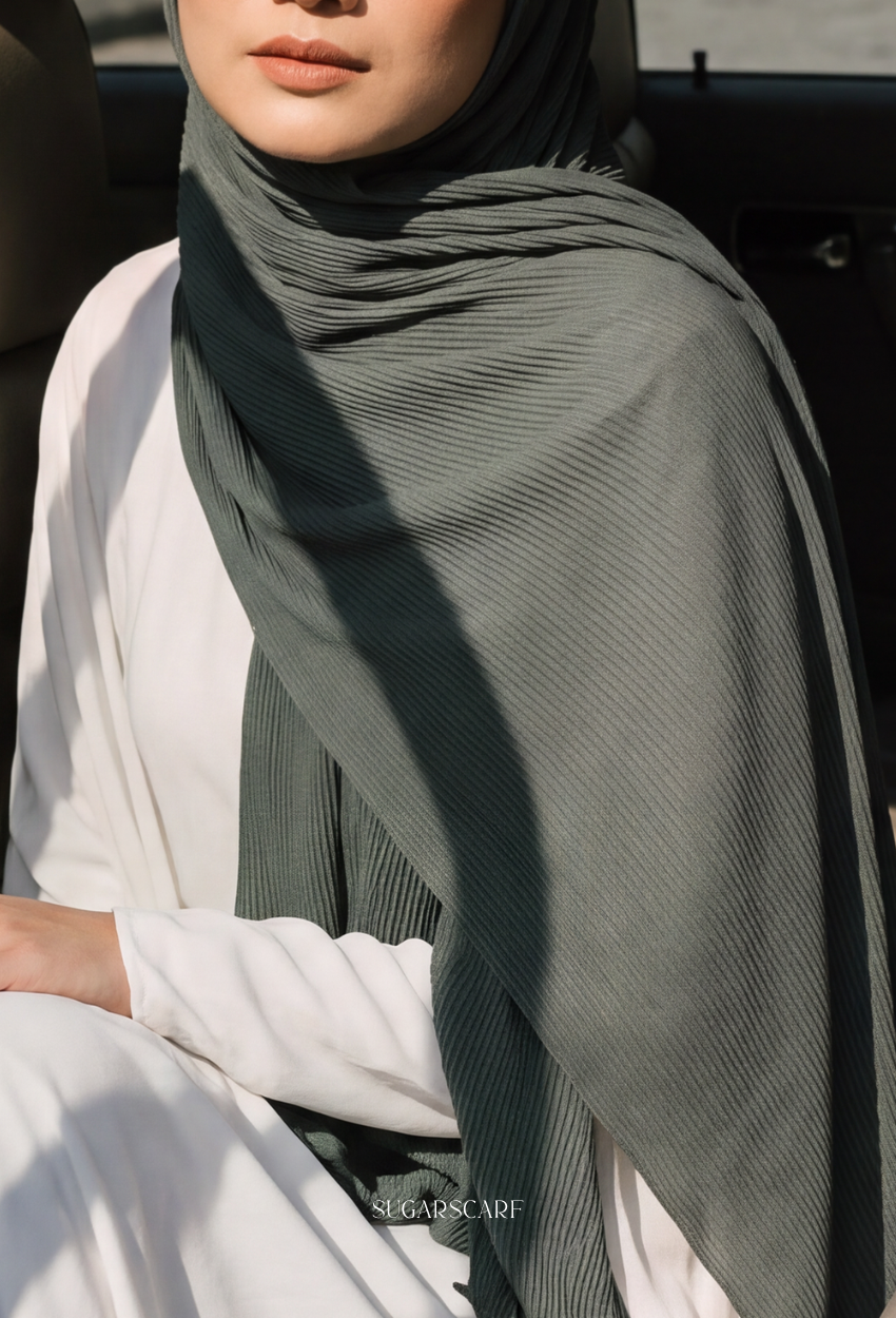 ( Full Wide Pleats Shawl ) Elegant Folds Everyday - (GladeGreen-MossyGreen)