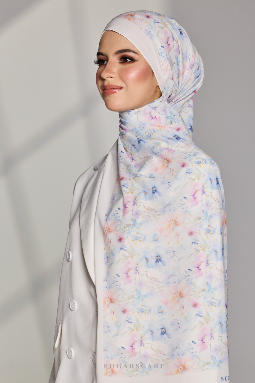 Korean Chiffon Long Shawl (Garden Whimsy) in Blossom Veil