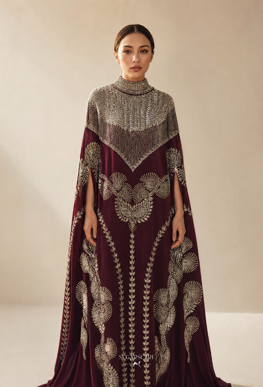 Modesa Crystal Beads Drape In Deep Maroon