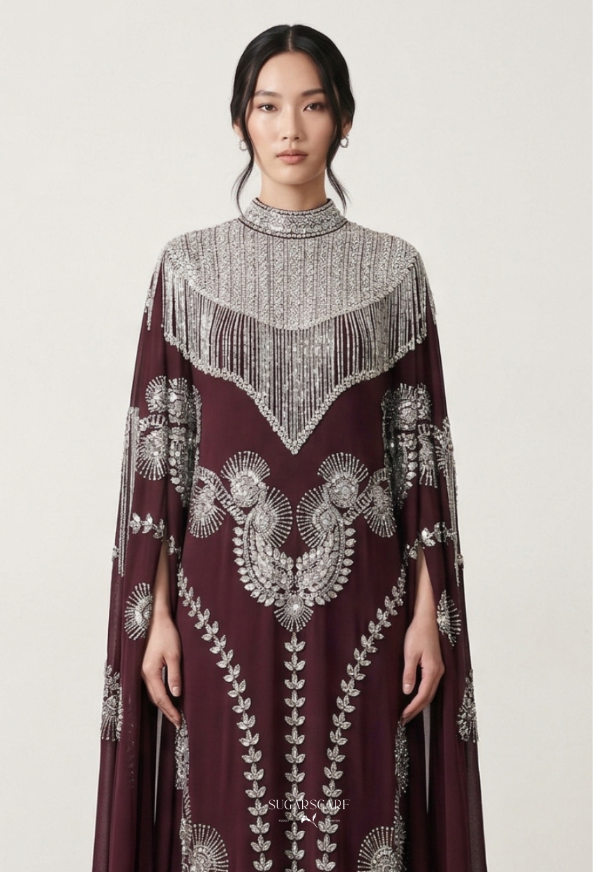 Modesa Crystal Beads Drape In Deep Maroon