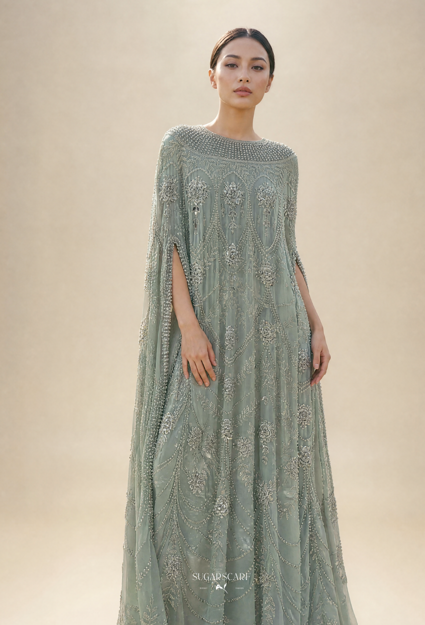 Rose Crystal Beads Drape In Dusty Green