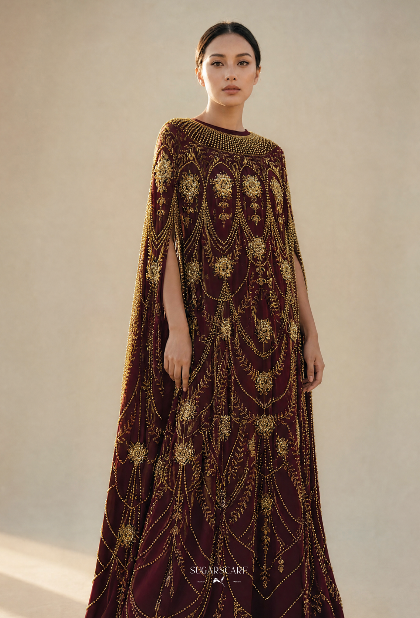 Rose Crystal Beads Drape In Maroon
