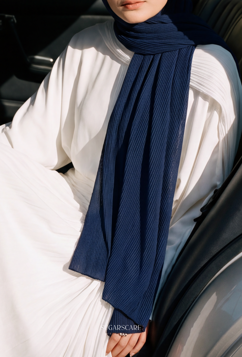 ( Full Wide Pleats Shawl ) Elegant Folds Everyday -(SpaceCadet-DarkBlue)