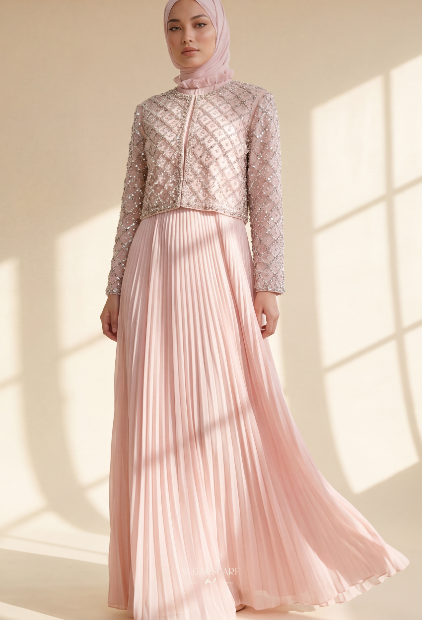 Gizelle 2-Piece Pleated Dress With Crystal Blazer In LightPink