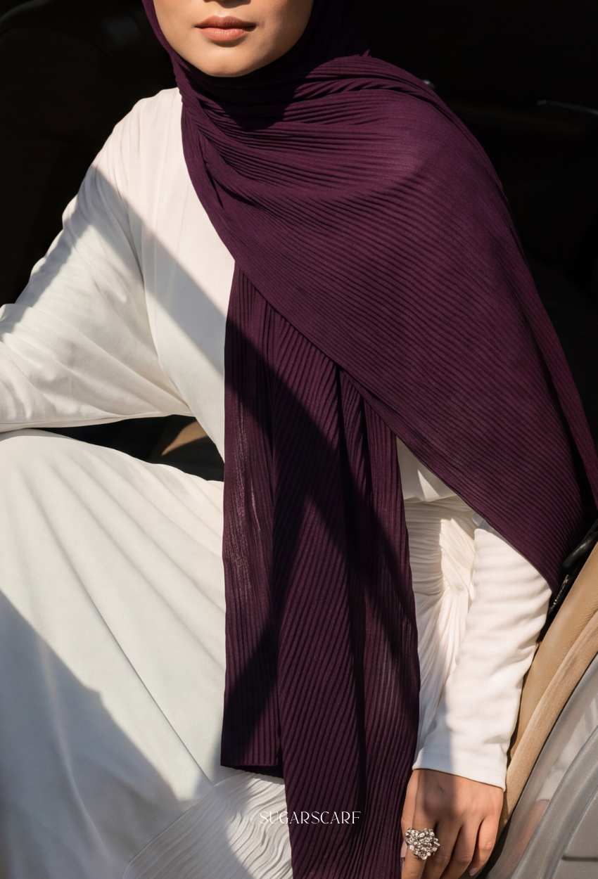 ( Full Wide Pleats Shawl ) Elegant Folds Everyday - (Berry-DeepPurple)