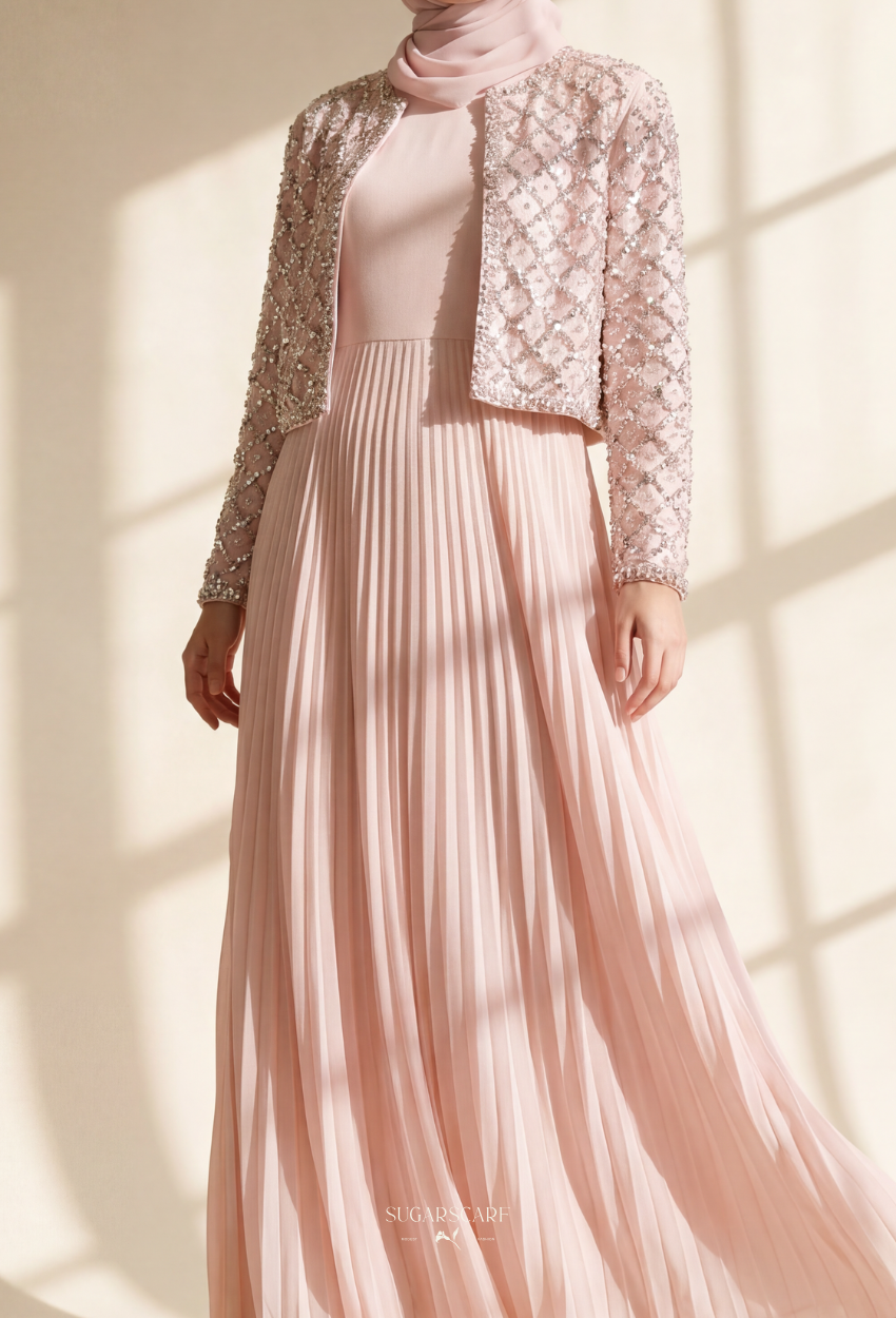 Gizelle 2-Piece Pleated Dress With Crystal Blazer In LightPink