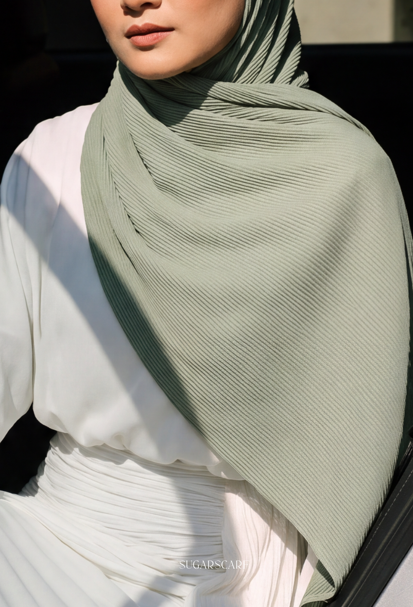 ( Full Wide Pleats Shawl ) Elegant Folds Everyday - (Moss - DustyLightGreen)