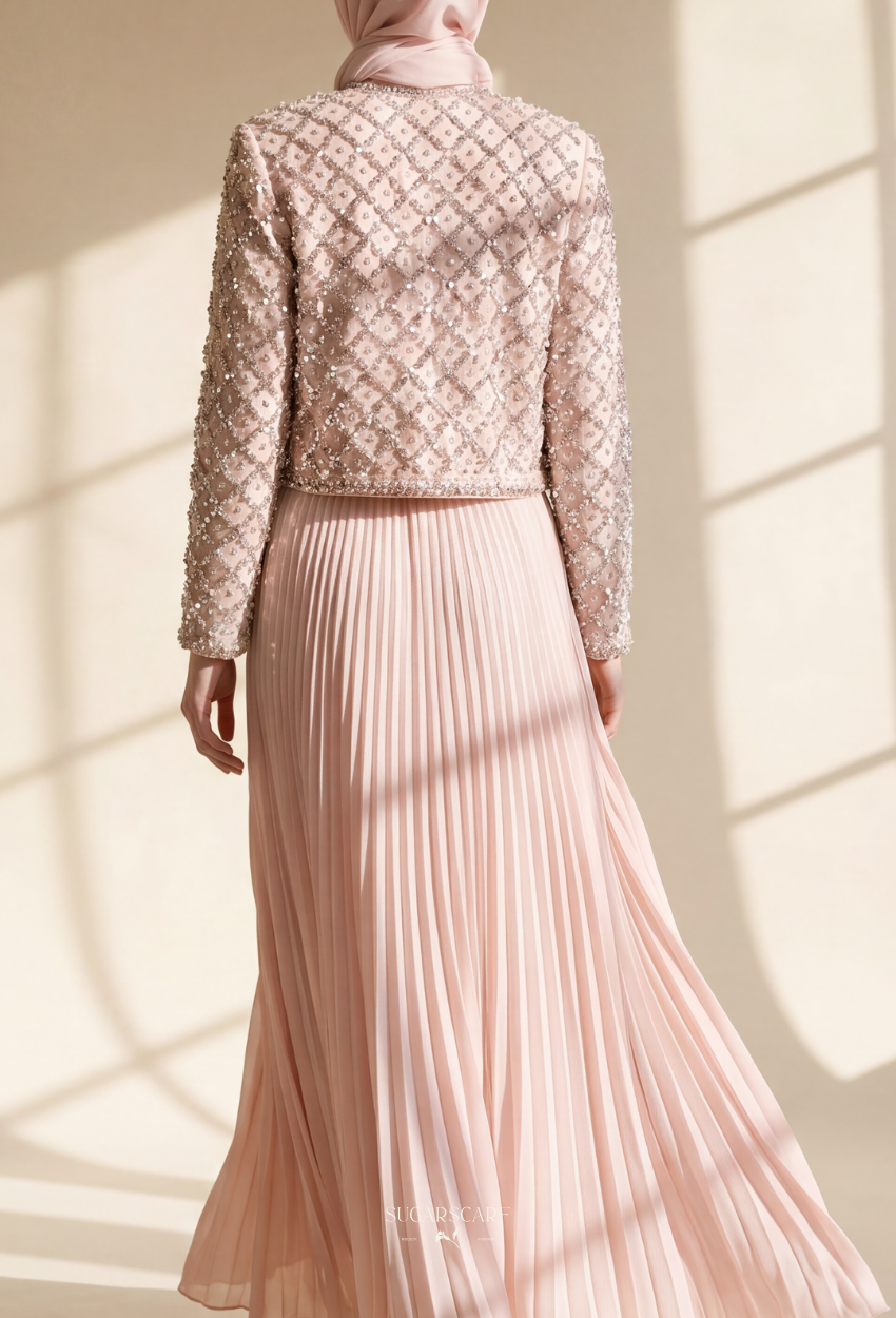 Gizelle 2-Piece Pleated Dress With Crystal Blazer In LightPink