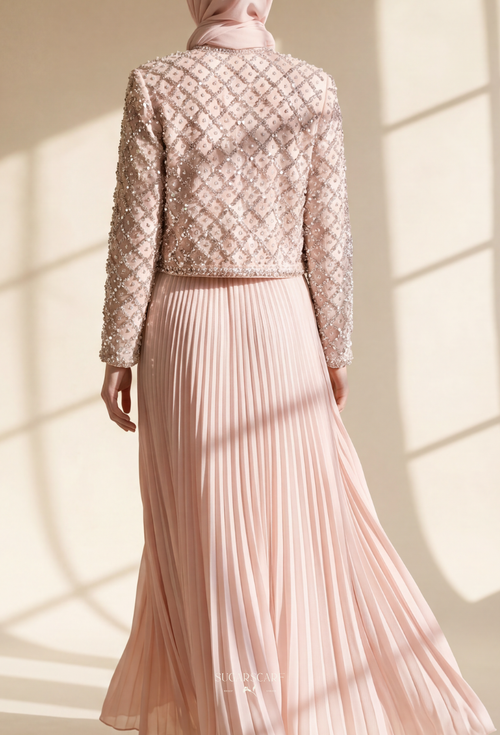 Gizelle 2-Piece Pleated Dress With Crystal Blazer In LightPink